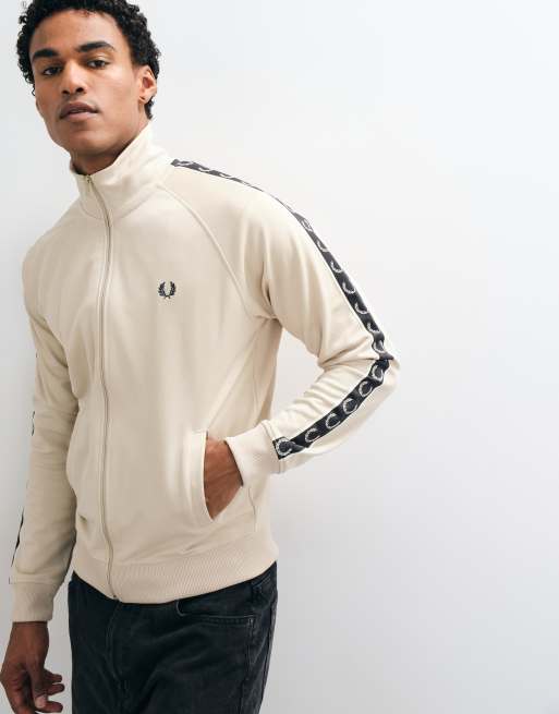 Fred Perry co-ord contrast taped zip through logo track jacket in beige, 3 of 5