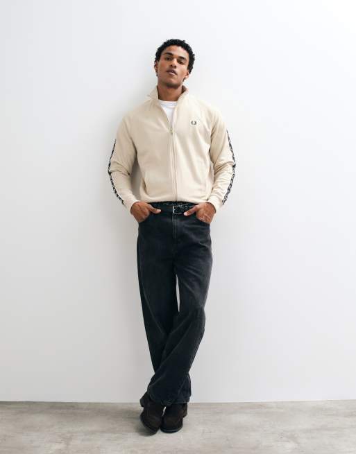 Fred Perry co-ord contrast taped zip through logo track jacket in beige, 4 of 5