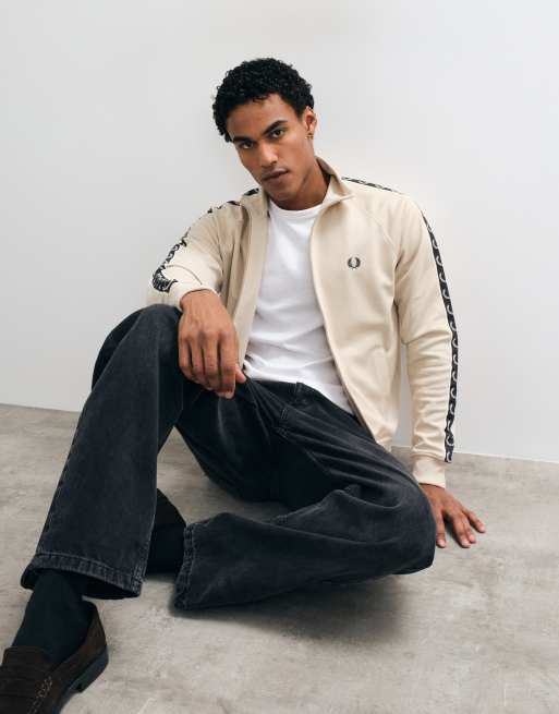 Fred Perry co-ord contrast taped zip through logo track jacket in beige, 5 of 5