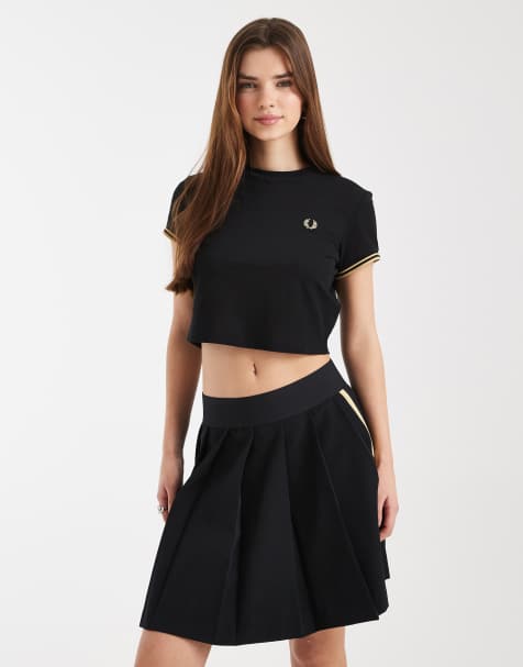 Fred Perry co-ord tape detail logo pleated mini tennis skirt in black - view 1