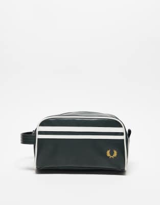 Fred Perry coated faux leather toiletry bag in dark green and white - view 1