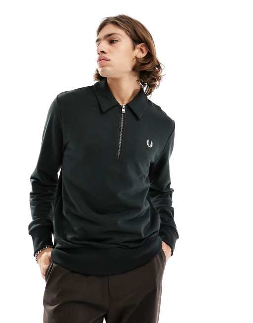 Fred Perry collar half zip logo sweatshirt in night green | ASOS