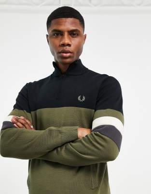 Fred Perry Color Block Half Zip Sweater In Khaki Green Modesens