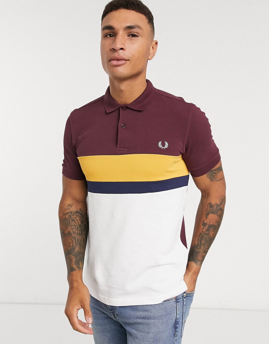 Fred Perry color block panel polo in burgundy/white