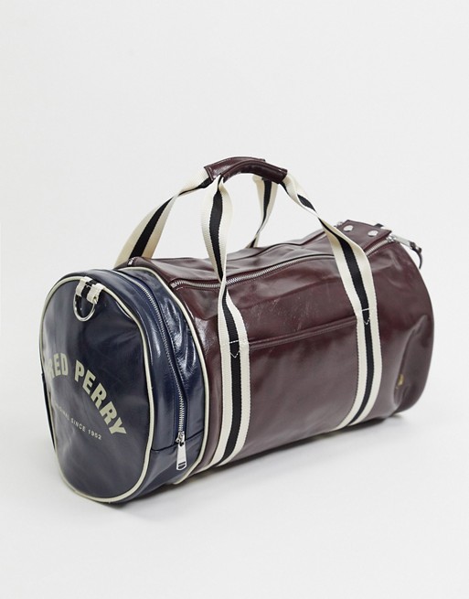 Fred Perry colour block barrel bag in burgundy
