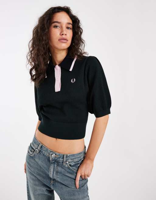 Fred Perry colour block pointelle knitted shirt in black, 2 of 4