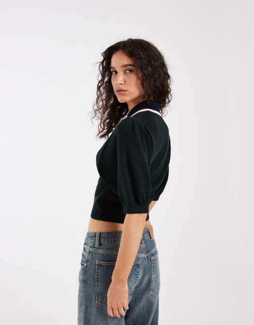 Fred Perry colour block pointelle knitted shirt in black, 4 of 4
