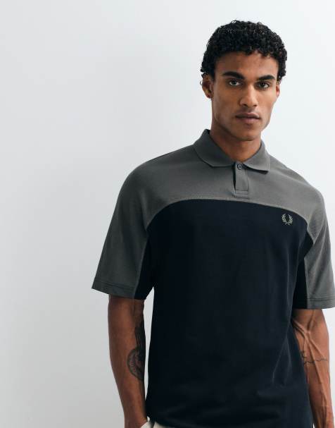 Fred Perry colour block polo shirt in black and khaki - view 1