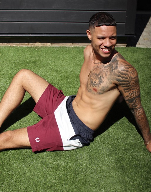 Fred Perry colour block swim shorts in burgundy