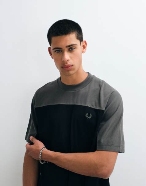 Fred Perry colour block t-shirt in black and khaki - view 1