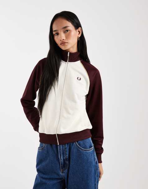 Fred Perry colour block track jacket in burgundy & ecru - view 1