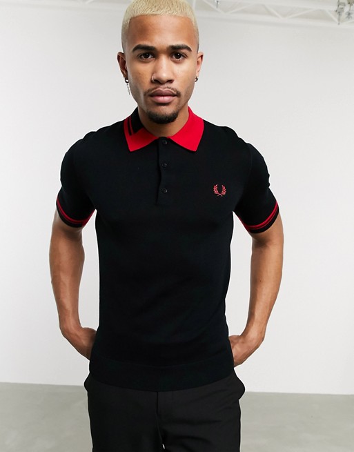 Fred Perry contrast collar knitted polo in black