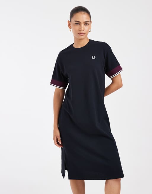Fred Perry contrast cuff pique t-shirt dress in navy, 3 of 4