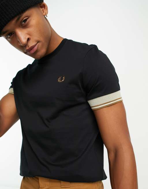 Fred Perry contrast cuff t shirt in black ASOS