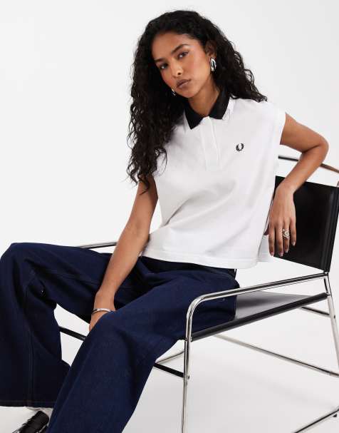 Fred Perry contrast mesh collar sleeveless polo shirt in white - view 1