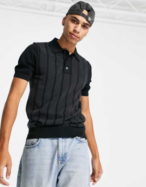 Fred Perry contrast stitch knit polo shirt in black | ASOS