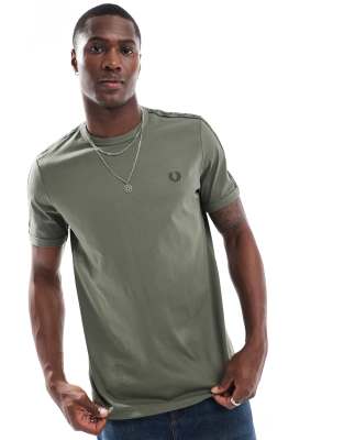 contrast tape ringer T-shirt in khaki green