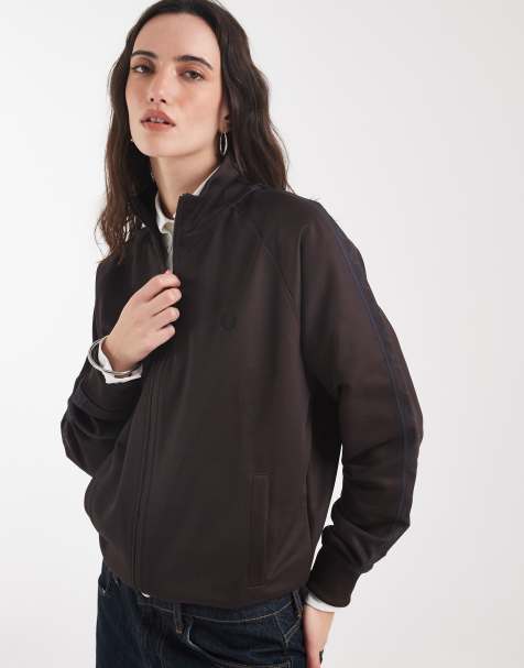 Fred Perry contrast tape track jacket in dark brown - view 1