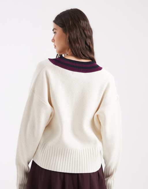 Fred Perry Contrast v-neck knitted jumper in ecru, 4 of 4