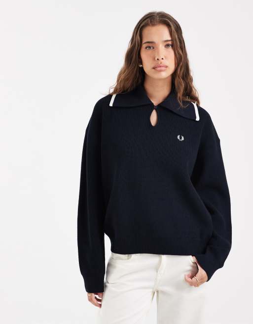 Fred Perry contrast wide collar knitted shirt in navy, 2 of 4