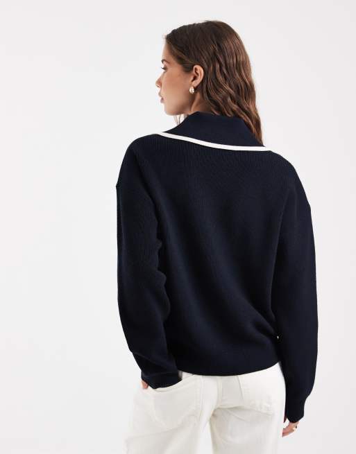 Fred Perry contrast wide collar knitted shirt in navy, 3 of 4