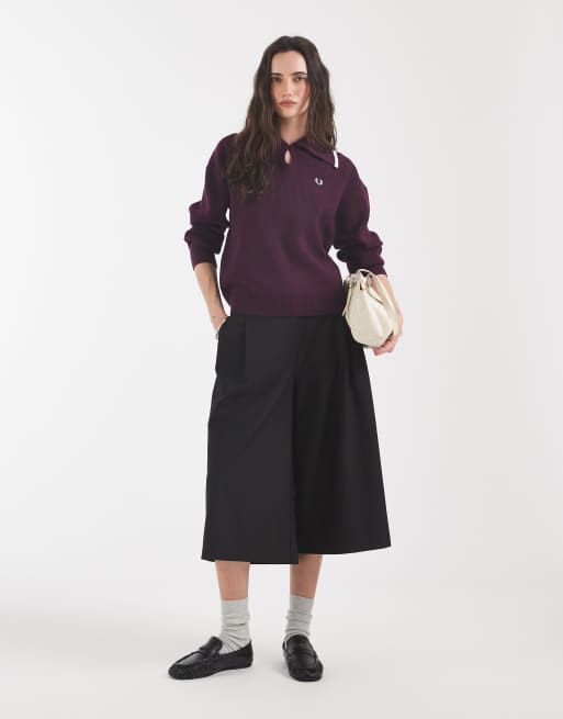 Fred Perry contrast wide collar knitted shirt in plum , 2 of 4
