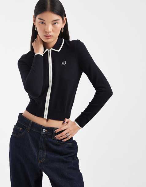Fred Perry contrast zip through knitted collared shirt in navy - view 1