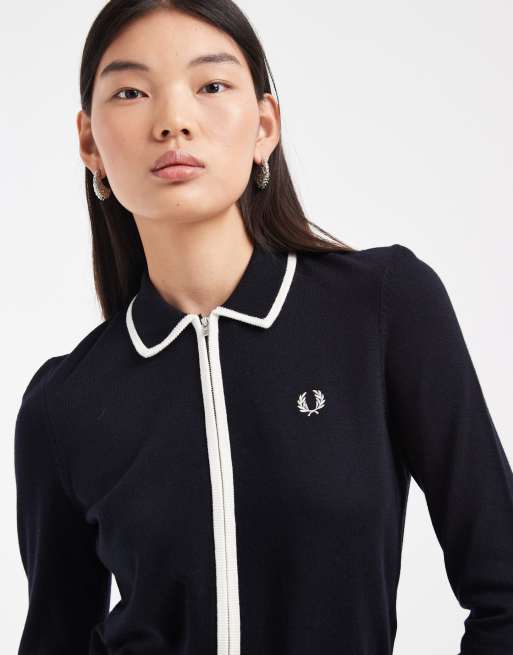 Fred Perry contrast zip through knitted collared shirt in navy, 2 of 4