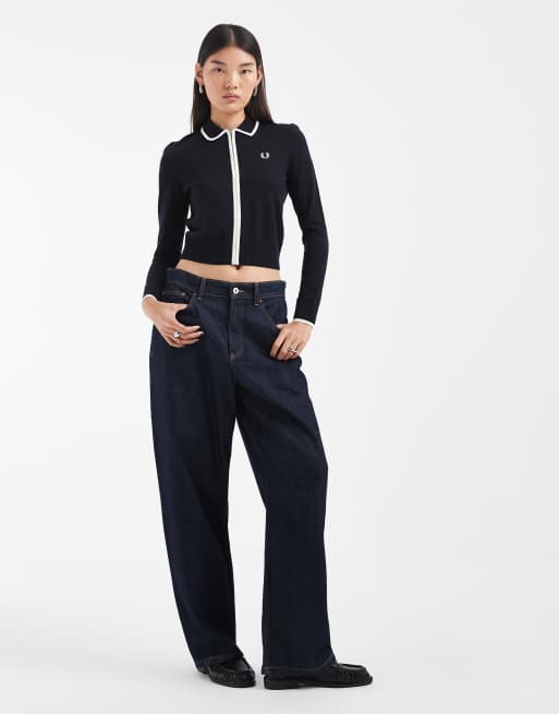 Fred Perry contrast zip through knitted collared shirt in navy, 3 of 4