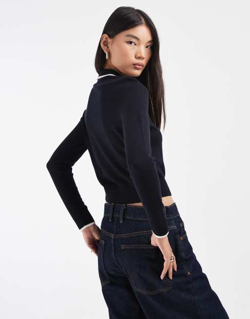 Fred Perry contrast zip through knitted collared shirt in navy, 4 of 4