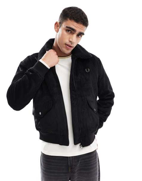 Fred Perry cord bomber jacket in black with removable borg collar - view 1
