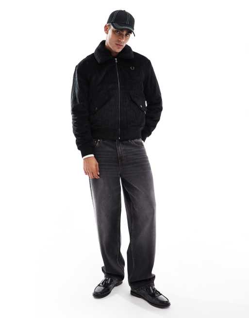 Fred Perry cord bomber jacket in black with removable borg collar, 3 of 4