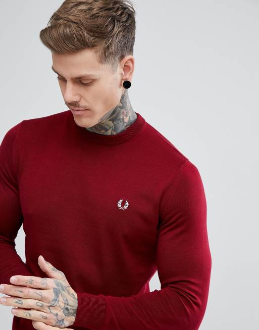 Fred Perry Crew Neck Cotton Jumper In Burgundy ASOS