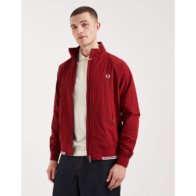 Fred Perry crinkle tipped hem logo harrington jacket in red | ASOS
