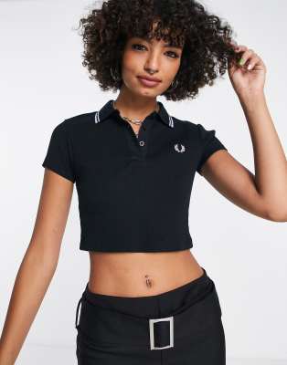 Fred Perry cropped ribbed polo shirt in black | Smart Closet