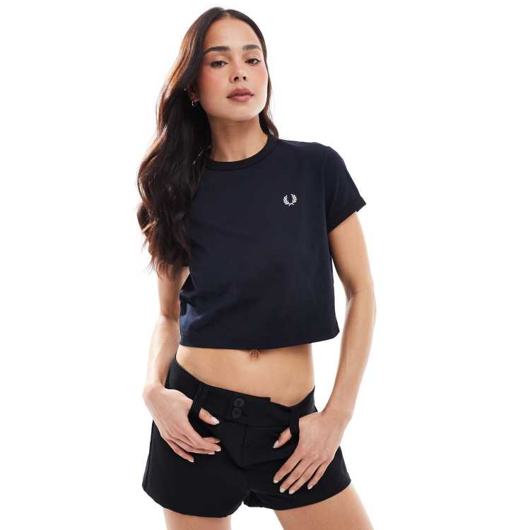 トップス FRED PERRY / CROPPED RINGER T-SHIRT Tipped Piqué T-Shirt - Navy | Women's Shirts | Checked