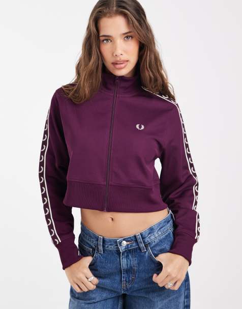 Fred Perry cropped taped track jacket in plum - view 1