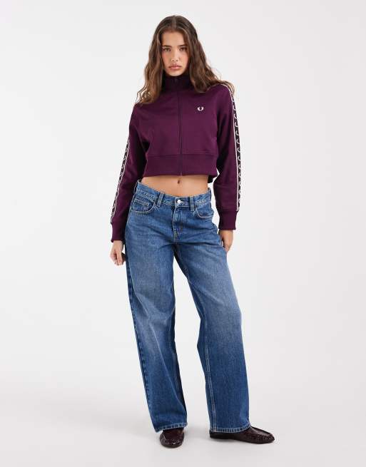 Fred Perry cropped taped track jacket in plum, 2 of 4