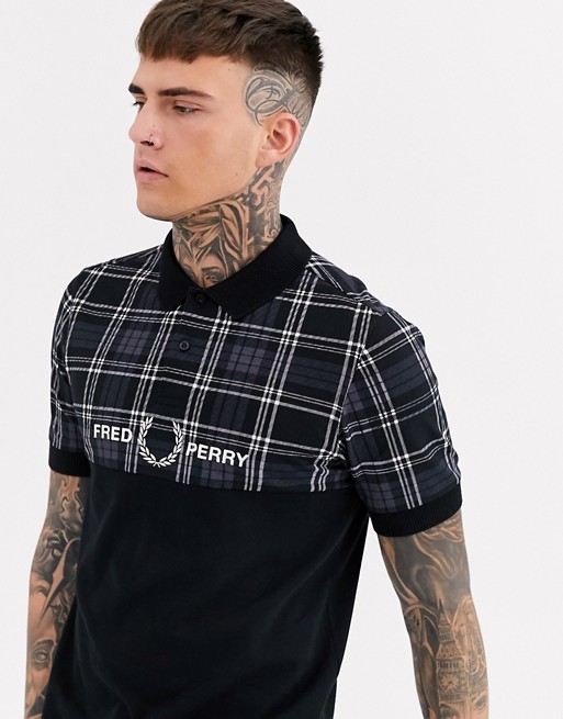 Fred Perry cut and sew tartan polo in black