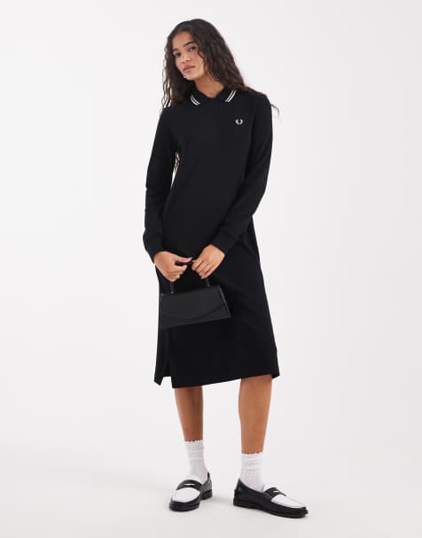 Fred Perry long sleeve twin tipped polo dress in black
