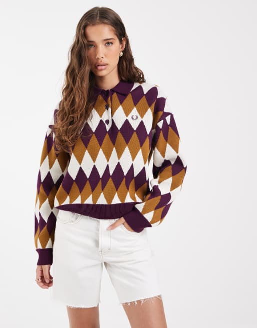 Fred Perry diamantjacquardstickad skjorta i plum, 2 av 4