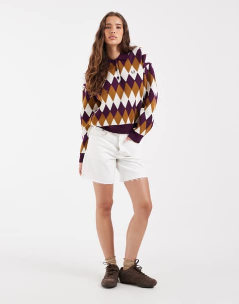 Fred Perry diamond jacquard gebreid overhemd in plum - view 1