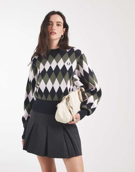 Fred Perry diamond jaquard knitted jumper in navy, 2 of 4