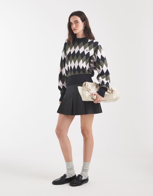 Fred Perry diamond jaquard knitted jumper in navy, 3 of 4