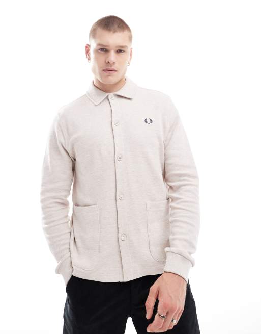 Fred Perry – Dżersejowa zapinana na guziki koszula polo z długimi rękawami w kolorze złamanej bieli