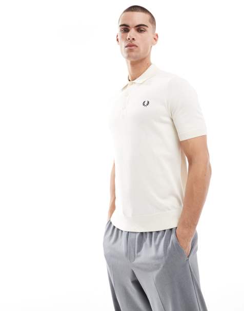Fred Perry knitted polo short sleeve shirt in off white