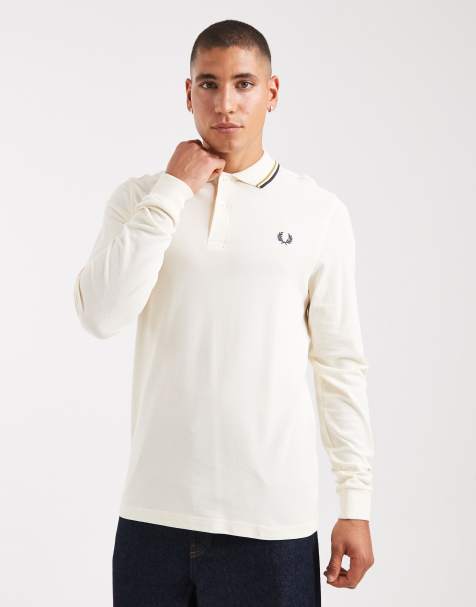 Fred Perry - Ecrufarvet langærmet poloskjorte med marineblå striber i kanten - view 1