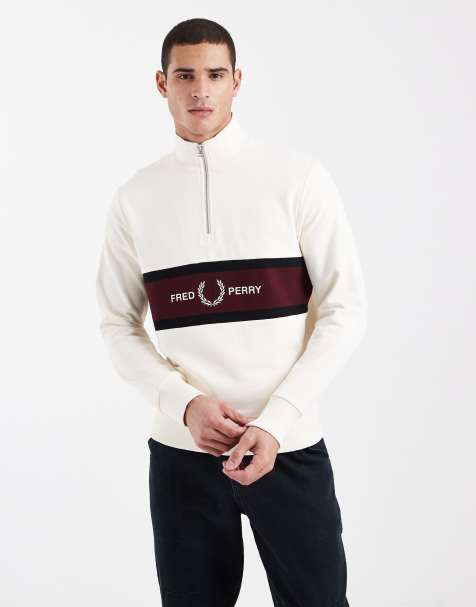 Fred Perry - Ecrufarvet sweatshirt med halv lynlås og panel med broderet logo - view 1
