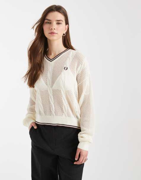 Fred Perry - Ecrufarvet trøje i kabelstrik og mesh med logo - view 1