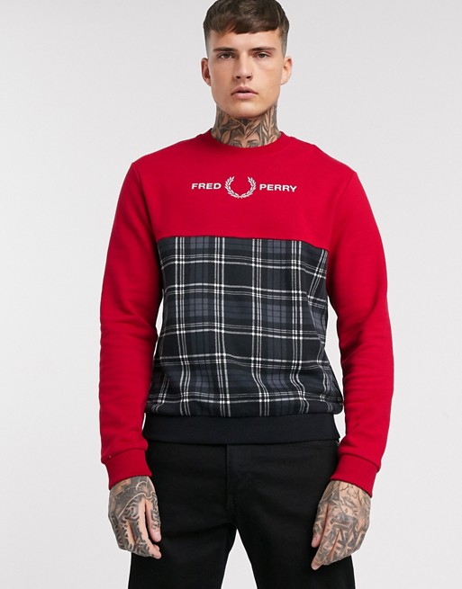 Fred Perry embroidered chest logo cut and sew sweat in red and tartan